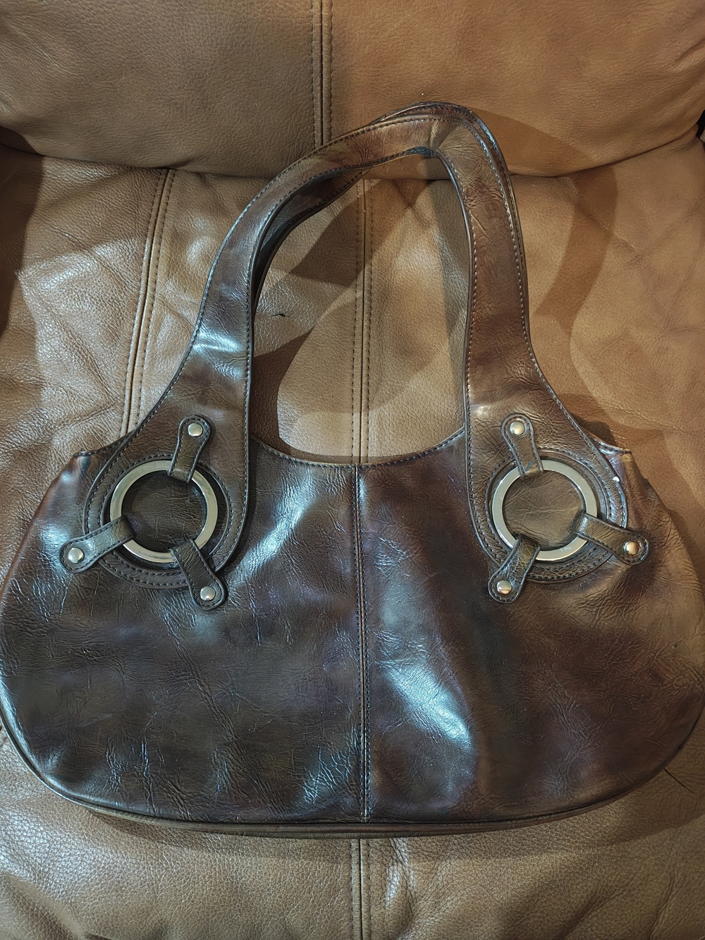Prada Dark Brown Leather Shoulder Bag with Metal Ring Accents